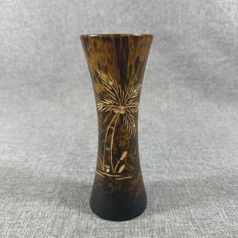 Hand Carved Wooden Flower Bud Vase Palm Tree Jamaica Brown Boho Tropical 7.5